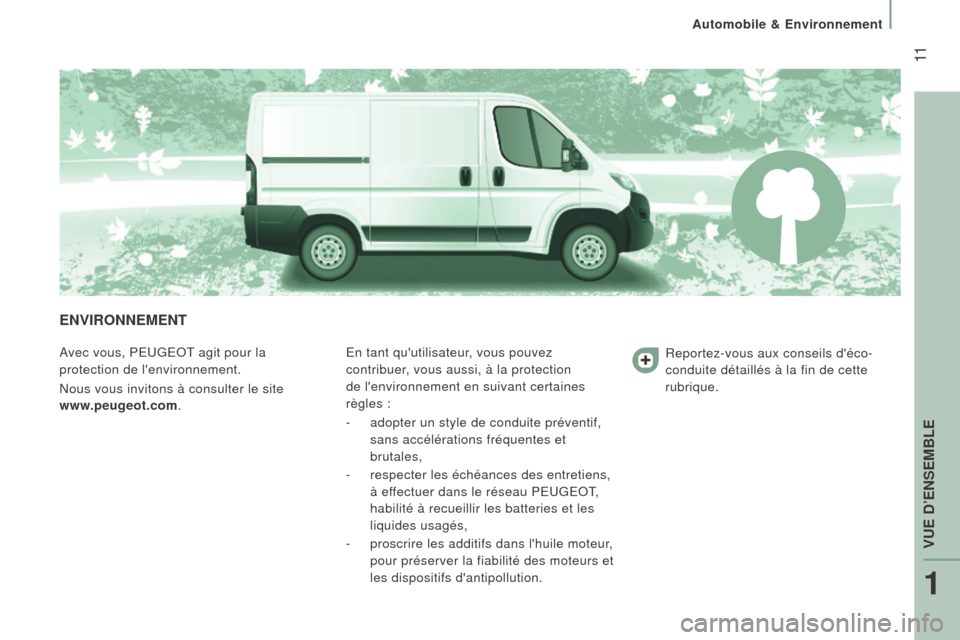 Peugeot Boxer 2016  Manuel du propriétaire (in French)  11
eNVIrONNemeNT
Avec vous, PEUGEOT agit pour la 
protection de lenvironnement.
Nous vous invitons à consulter le site  
www.peugeot.com. En tant quutilisateur, vous pouvez 
contribuer, vous aussi