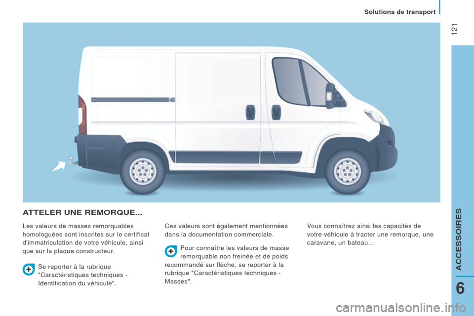 Peugeot Boxer 2016 Manuel du propriétaire (in French) 121
aTTeler uNe remOrQue...
Les valeurs de masses remorquables
homologuées sont inscrites sur le certificat
dimmatriculation de votre véhicule, ainsi
que sur la plaque constructeur.Ces valeurs Peugeot Boxer 2016 Manuel du propriétaire (in French) 121
aTTeler uNe remOrQue...
Les valeurs de masses remorquables
homologuées sont inscrites sur le certificat
dimmatriculation de votre véhicule, ainsi
que sur la plaque constructeur.Ces valeurs