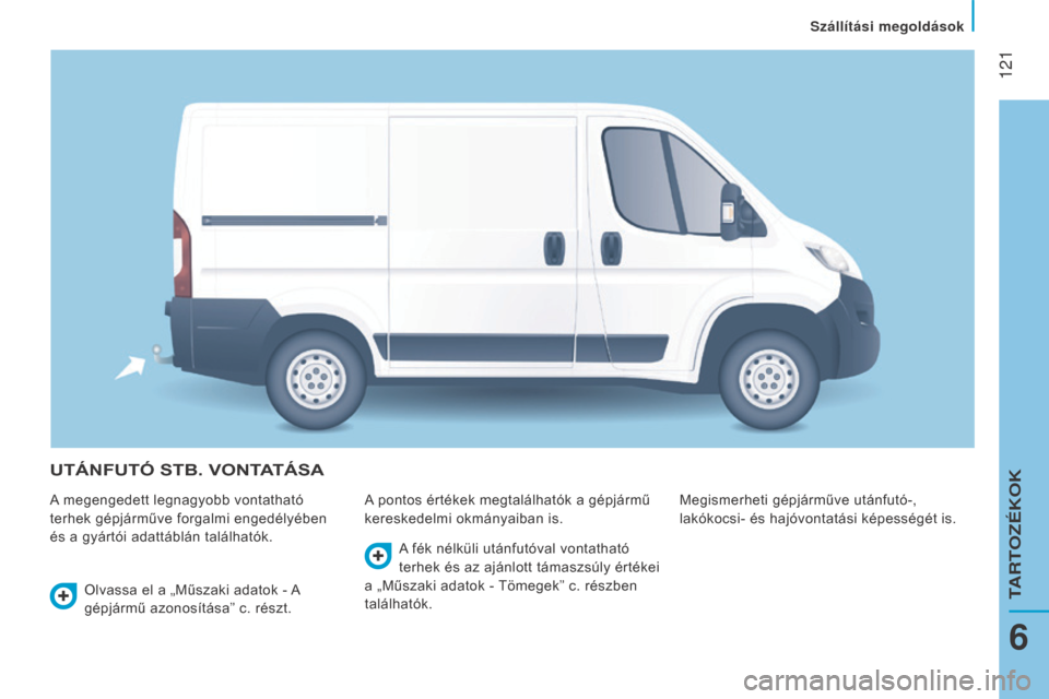Peugeot Boxer 2016 Kezelési útmutató (in Hungarian) 121
boxer_hu_Chap06_Accessoires_ed01-2015
UTÁNFUTÓ STB. VONTATÁSA
A megengedett legnagyobb vontatható
terhek gépjárműve forgalmi engedélyében
és a gyártói adattáblán találhatók.A po Peugeot Boxer 2016 Kezelési útmutató (in Hungarian) 121
boxer_hu_Chap06_Accessoires_ed01-2015
UTÁNFUTÓ STB. VONTATÁSA
A megengedett legnagyobb vontatható
terhek gépjárműve forgalmi engedélyében
és a gyártói adattáblán találhatók.A po
