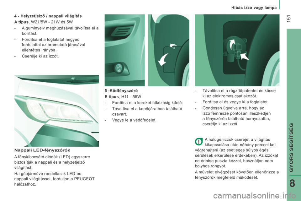 Peugeot Boxer 2016  Kezelési útmutató (in Hungarian)  151
boxer_hu_Chap08_Aide-Rapide_ed01-2015
A halogénizzók cseréjét a világítás 
kikapcsolása után néhány perccel kell 
végrehajtani (az esetleges súlyos égési 
sérülések elkerülése