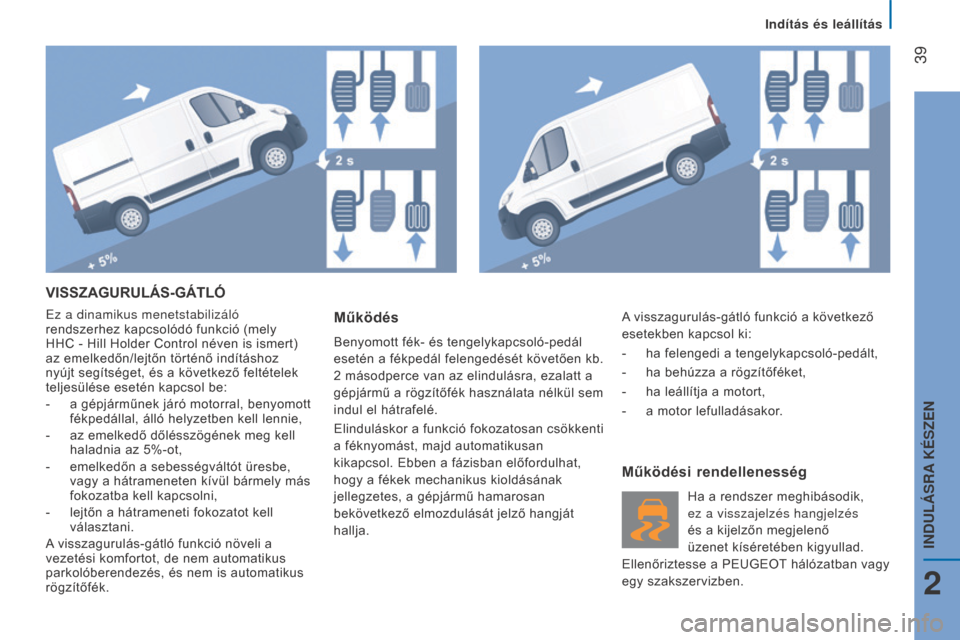 Peugeot Boxer 2016  Kezelési útmutató (in Hungarian)  39
boxer_hu_Chap02_Pret-a-Partir_ed01-2015
VISSZAGURULÁS-GÁTLÓ
Ez a dinamikus menetstabilizáló 
rendszerhez kapcsolódó funkció (mely 
HHC - Hill Holder Control néven is ismert) 
az emelkedő