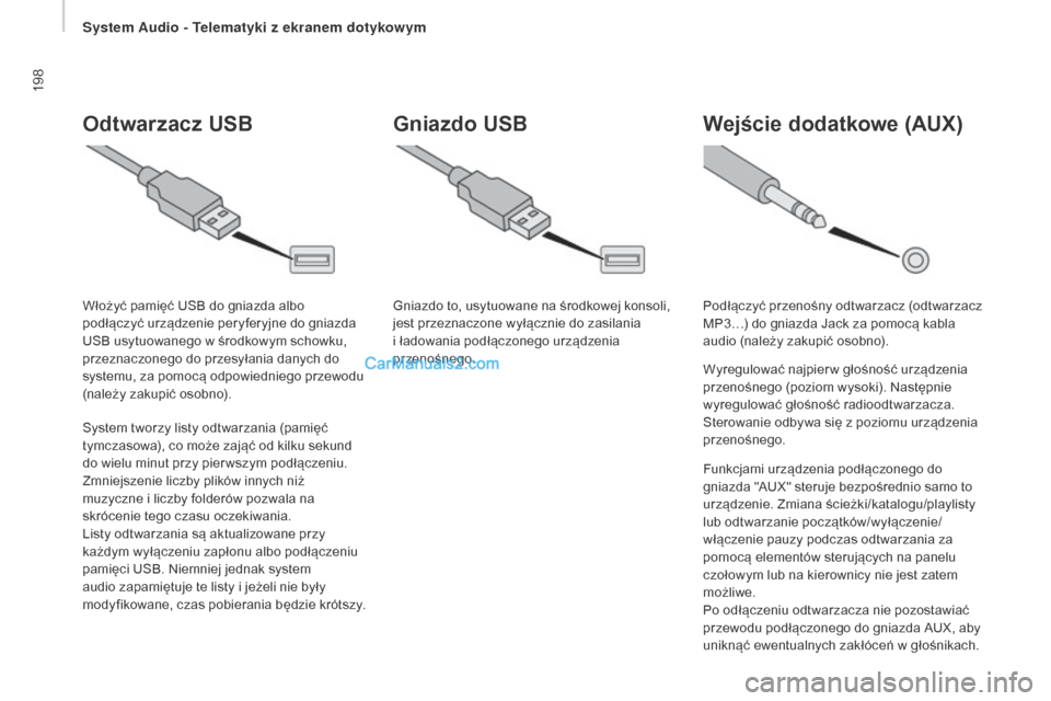 Peugeot Boxer 2016  Instrukcja Obsługi (in Polish) 198
boxer_pl_Chap10a_Autoradio_Fiat-tactile-1_ed01-2015
Odtwarzacz uSB
System tworzy listy odtwarzania (pamięć 
tymczasowa), co może zająć od kilku sekund 
do wielu minut przy pier wszym podłąc