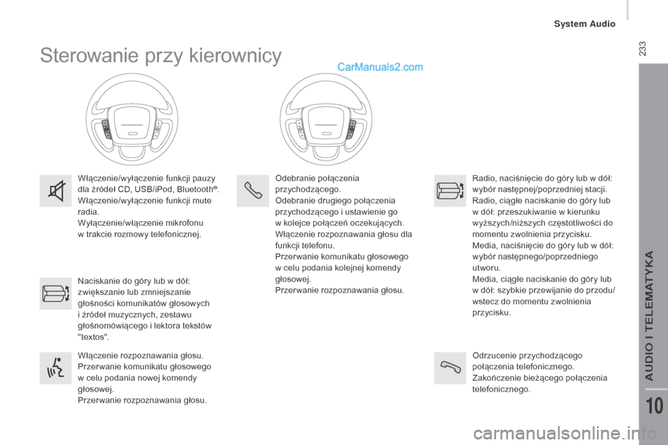 Peugeot Boxer 2016  Instrukcja Obsługi (in Polish)  233
boxer_pl_Chap10b_Autoradio_Fiat-4_ed01-2015
Sterowanie przy kierownicy
Włączenie/wyłączenie funkcji pauzy 
dla źródeł CD, USB/iPod, Bluetooth®.
Włączenie/wyłączenie funkcji mute 
radi