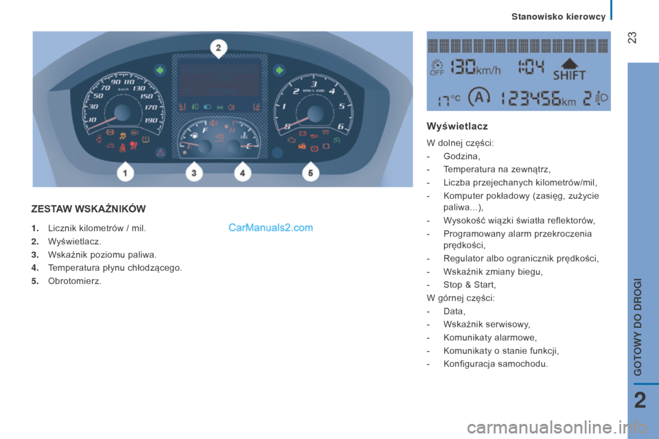 Peugeot Boxer 2016  Instrukcja Obsługi (in Polish)  23
boxer_pl_Chap02_Pret-a-Partir_ed01-2015
1. Licznik kilometrów / mil.
2.  
W
 yświetlacz.
3.
 
Wskaźnik poziomu paliwa.
4.

 
T
 emperatura płynu chłodzącego.
5.
 
Obrotomierz.
ZESTAW WSKAźn