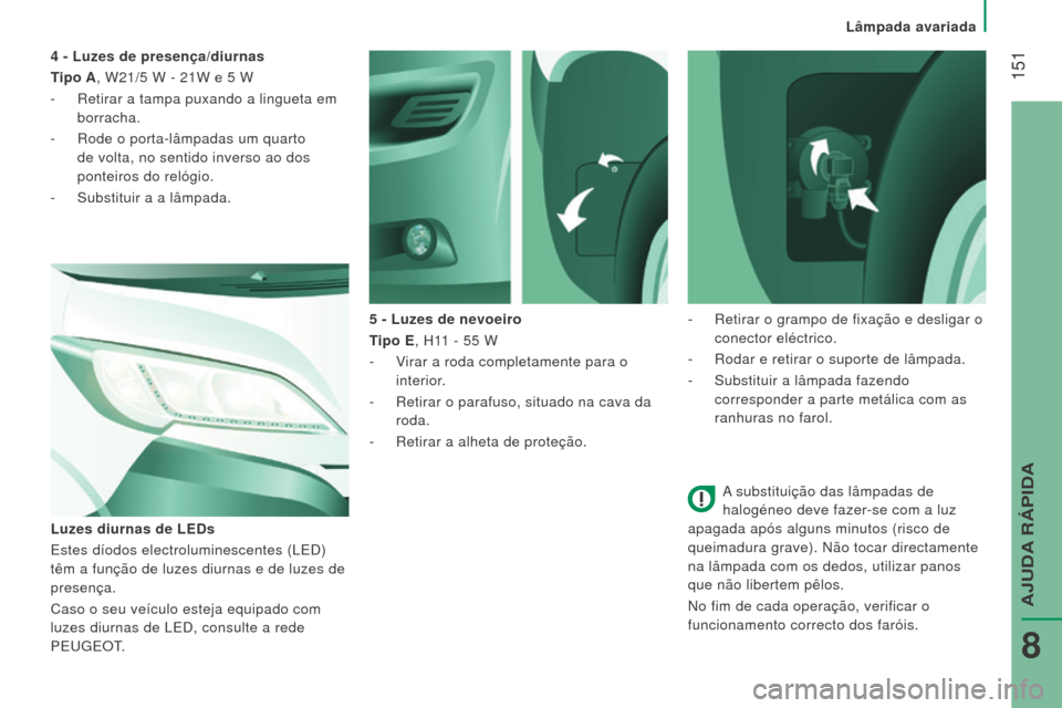 Peugeot Boxer 2016 Manual do proprietário (in Portuguese) 151
boxer_pt_Chap08_Aide-Rapide_ed01-2015
A substituição das lâmpadas de
halogéneo deve fazer-se com a luz
apagada após alguns minutos (risco de
queimadura grave). Não tocar directamente
na Peugeot Boxer 2016 Manual do proprietário (in Portuguese) 151
boxer_pt_Chap08_Aide-Rapide_ed01-2015
A substituição das lâmpadas de
halogéneo deve fazer-se com a luz
apagada após alguns minutos (risco de
queimadura grave). Não tocar directamente
na