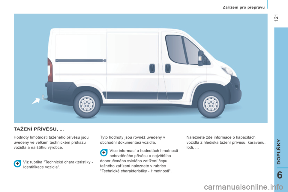 Peugeot Boxer 2016 Návod k obsluze (in Czech) 121
boxer_cs_Chap06_Accessoires_ed01-2015
TAž ENÍ PŘÍVĚSU , ...
Hodnoty hmotnosti taženého přívěsu jsou
uvedeny ve velkém technickém průkazu
vozidla a na štítku výrobce. Tyto hodn Peugeot Boxer 2016 Návod k obsluze (in Czech) 121
boxer_cs_Chap06_Accessoires_ed01-2015
TAž ENÍ PŘÍVĚSU , ...
Hodnoty hmotnosti taženého přívěsu jsou
uvedeny ve velkém technickém průkazu
vozidla a na štítku výrobce. Tyto hodn