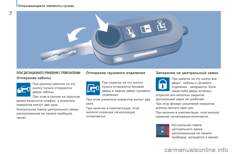 Peugeot Boxer 2016  Инструкция по эксплуатации (in Russian)  14
boxer_ru_Chap02_Pret-a-Partir_ed01-2015
ПУлЬТ  дисТ АНЦ ио НН о Го  УП рА вле Н и Я  с  Т ре МЯ   КН о ПКАМ и
отпирание кабины
При кр
