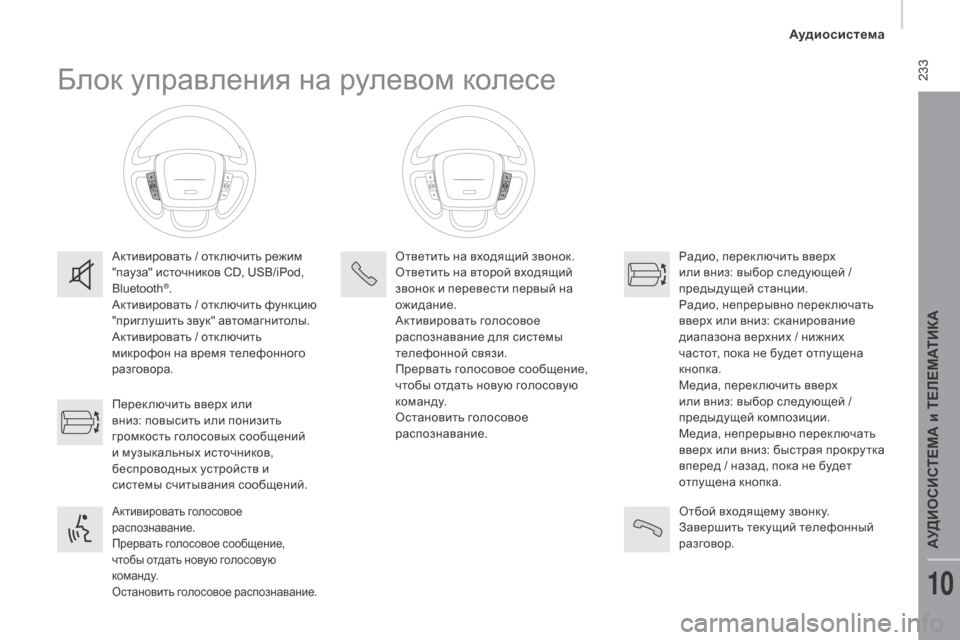 Peugeot Boxer 2016  Инструкция по эксплуатации (in Russian)  233
boxer_ru_Chap10b_Autoradio_Fiat-4_ed01-2015
Блок управления на рулевом колесе
Активировать / отк лючить режим 
"пауза" источник