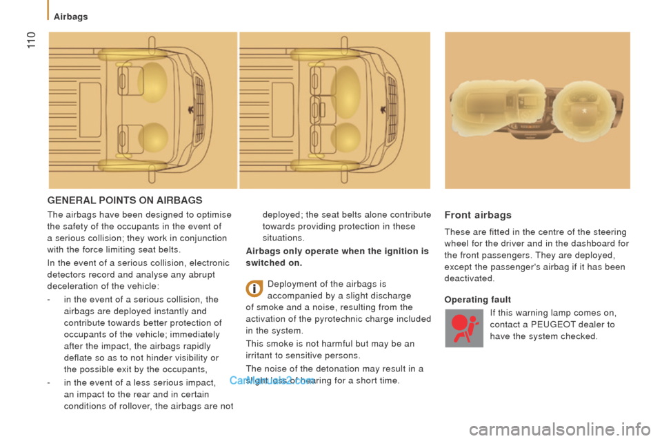 Peugeot Boxer 2015.5  Owners Manual - RHD (UK, Australia)  11 0
GEnErAL PoIntS on AIrBAGS
the airbags have been designed to optimise 
the safety of the occupants in the event of 
a serious collision; they work in conjunction
 
with the force limiting seat be