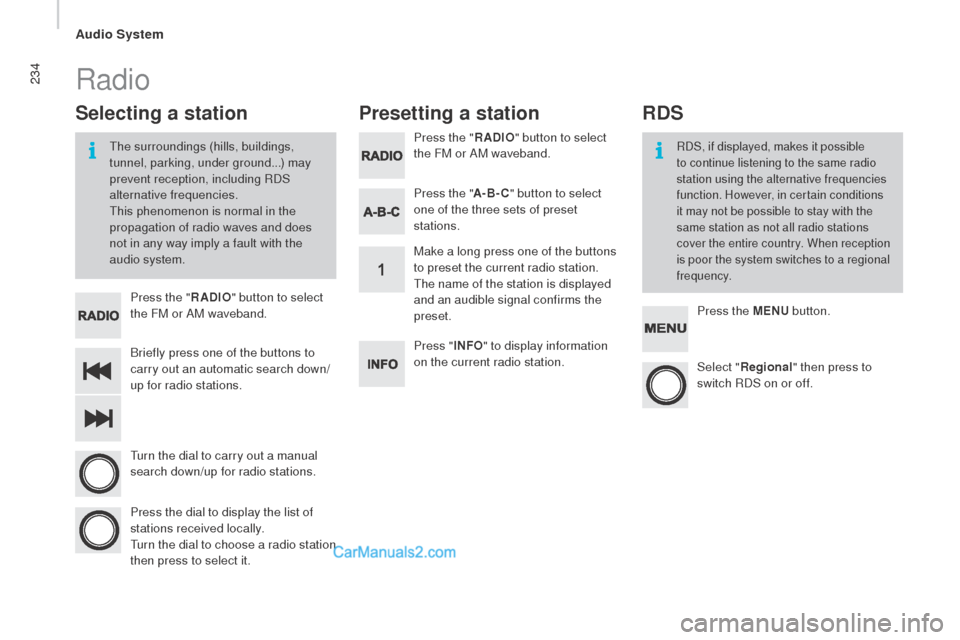 Peugeot Boxer 2015.5  Owners Manual - RHD (UK, Australia) 234
Briefly press one of the buttons to 
carry out an automatic search down/
up for radio stations. Press the "
rAdIo" bu
tton to select 
the FM or AM waveband.
tur

n the dial to carry out a manual 
