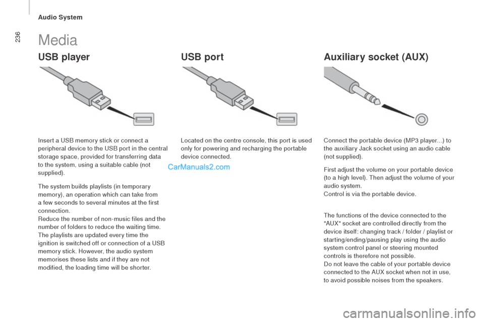 Peugeot Boxer 2015.5  Owners Manual - RHD (UK, Australia) 236
uSB playerA uxiliary socket (Aux)uSB port
Media
the system builds playlists (in temporary 
m emory), an operation which can take from 
a few seconds to several minutes at the first 
connection.
Re