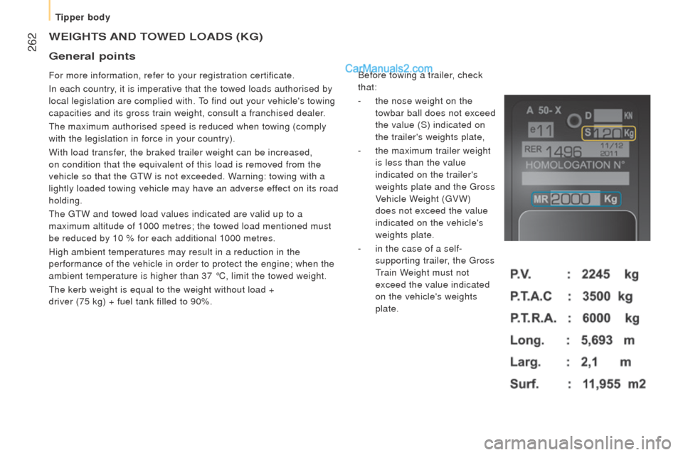 Peugeot Boxer 2015.5  Owners Manual - RHD (UK, Australia)  262
WEIGHtS And toWEd LoAdS (KG)
For more information, refer to your registration certificate.
In each country, it is imperative that the towed loads authorised by 
local legislation are complied wit