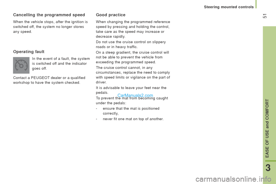 Peugeot Boxer 2015.5 - RHD (UK, Australia) Workshop Manual 51Good practice
When changing the programmed reference
speed by pressing and holding the control,
take care as the speed may increase or
decrease rapidly.
Do not use the cruise control on slippery Peugeot Boxer 2015.5 - RHD (UK, Australia) Workshop Manual 51Good practice
When changing the programmed reference
speed by pressing and holding the control,
take care as the speed may increase or
decrease rapidly.
Do not use the cruise control on slippery