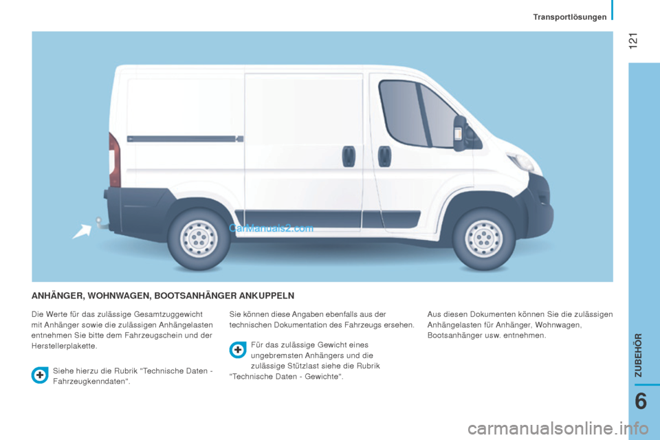 Peugeot Boxer 2015.5 Betriebsanleitung (in German) 121
boxer_de_Chap06_Accessoires_ed01-2015
AnhängEr, WOhnWAgEn, BOOTSAnhängEr An K u PPEL n
Die Werte für das zulässige Gesamtzuggewicht
mit Anhänger sowie die zulässigen Anhängelasten
entneh Peugeot Boxer 2015.5 Betriebsanleitung (in German) 121
boxer_de_Chap06_Accessoires_ed01-2015
AnhängEr, WOhnWAgEn, BOOTSAnhängEr An K u PPEL n
Die Werte für das zulässige Gesamtzuggewicht
mit Anhänger sowie die zulässigen Anhängelasten
entneh