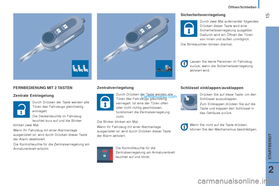 Peugeot Boxer 2015.5  Betriebsanleitung (in German)  15
boxer_de_Chap02_Pret-a-Partir_ed01-2015
fErnBEDiEnung MiT 2 TASTEn
Zentrale Entriegelung
Durch Drücken der Taste werden alle 
Türen des Fahrzeugs gleichzeitig 
entriegelt.
Die Deckenleuchte im F