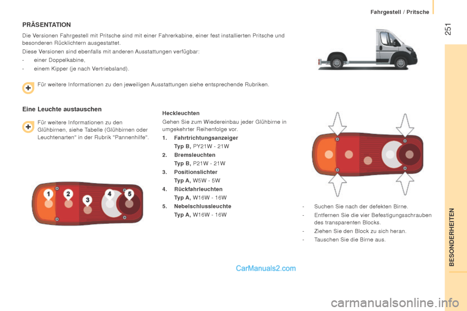 Peugeot Boxer 2015.5 Betriebsanleitung (in German) 251
boxer_de_Chap11_Particularites_ed01-2015
PräSEnTATiOn
Die Versionen Fahrgestell mit Pritsche sind mit einer Fahrerkabine, einer fes\
t installierten Pritsche und
besonderen Rücklichtern ausges Peugeot Boxer 2015.5 Betriebsanleitung (in German) 251
boxer_de_Chap11_Particularites_ed01-2015
PräSEnTATiOn
Die Versionen Fahrgestell mit Pritsche sind mit einer Fahrerkabine, einer fes\
t installierten Pritsche und
besonderen Rücklichtern ausges