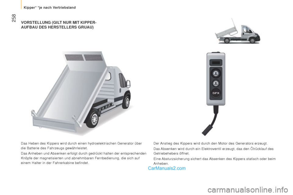 Peugeot Boxer 2015.5 Betriebsanleitung (in German) 258
boxer_de_Chap11_Particularites_ed01-2015
VOrSTELLung (giLT nur MiT KiPPEr-Auf BA u DES hE r STELLE r S g ru A u)
Das Heben des Kippers wird durch einen hydroelektrischen Generator üb\
er
d Peugeot Boxer 2015.5 Betriebsanleitung (in German) 258
boxer_de_Chap11_Particularites_ed01-2015
VOrSTELLung (giLT nur MiT KiPPEr-Auf BA u DES hE r STELLE r S g ru A u)
Das Heben des Kippers wird durch einen hydroelektrischen Generator üb\
er
d