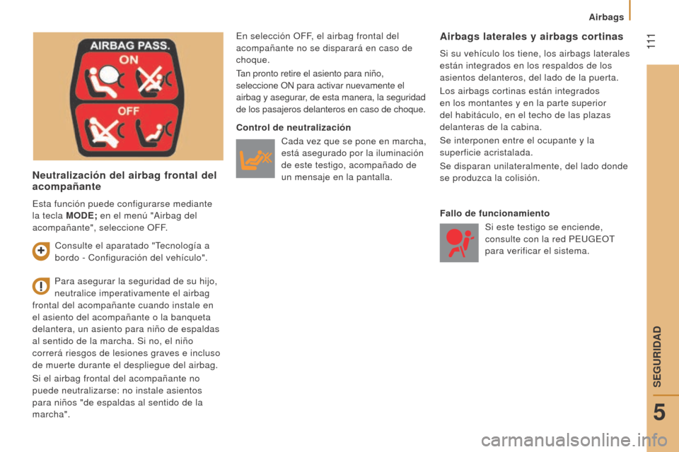 Peugeot Boxer 2015.5  Manual del propietario (in Spanish)  111
boxer_es_Chap05_Securite_ed01-2015
Neutralización del airbag frontal del 
acompañante
En selección OFF, el airbag frontal del 
acompañante no se disparará en caso de 
choque.
Tan pronto reti