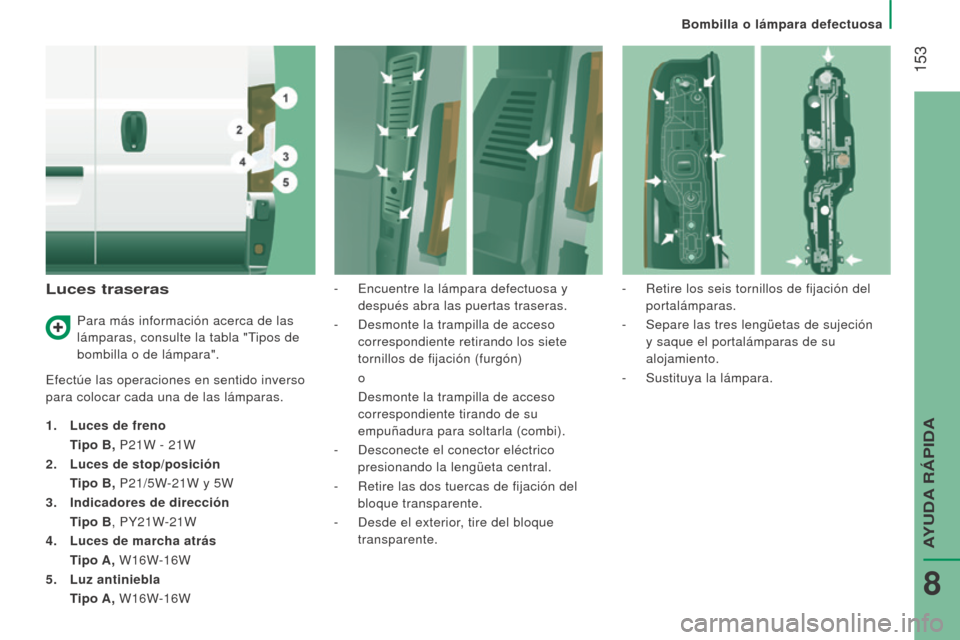 Peugeot Boxer 2015.5  Manual del propietario (in Spanish)  153
boxer_es_Chap08_Aide-Rapide_ed01-2015
luces traseras
Efectúe las operaciones en sentido inverso 
para colocar cada una de las lámparas.
1.  l
uces de freno  
 
 
T
 ipo  b , P21W - 21W
2.
  l
u
