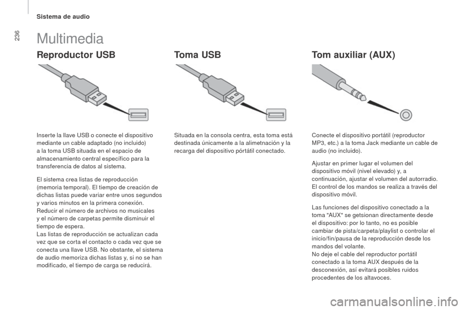 Peugeot Boxer 2015.5  Manual del propietario (in Spanish) 236
boxer_es_Chap10b_Autoradio_Fiat-4_ed01-2015
reproductor uSbT om auxiliar (Au x)
T oma  uSb
Multimedia
El sistema crea listas de reproducción 
(memoria temporal). El tiempo de creación de 
dichas