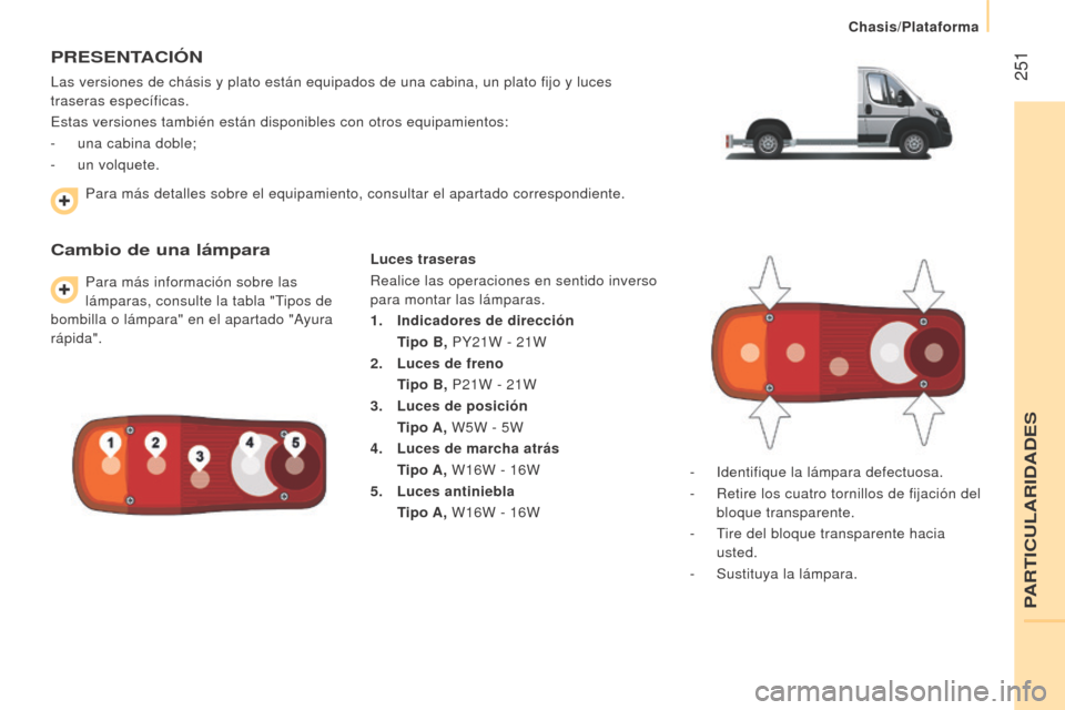 Peugeot Boxer 2015.5  Manual del propietario (in Spanish)  251
boxer_es_Chap11_Particularites_ed01-2015
PreSeNTACIóN
Las versiones de chásis y plato están equipados de una cabina, un \
plato fijo y luces 
traseras específicas.
Estas versiones también es