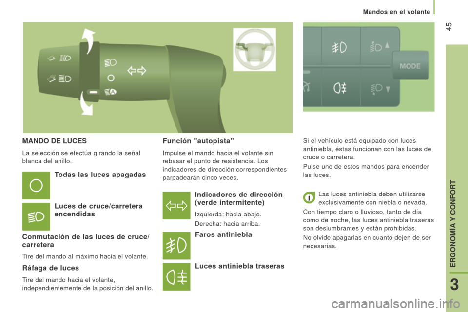 Peugeot Boxer 2015.5  Manual del propietario (in Spanish)  45
boxer_es_Chap03_Ergo-et-confort_ed01-2015
mANDo De luCeS
La selección se efectúa girando la señal 
blanca del anillo.
Indicadores de dirección 
(verde intermitente)
Izquierda: hacia abajo.
Der