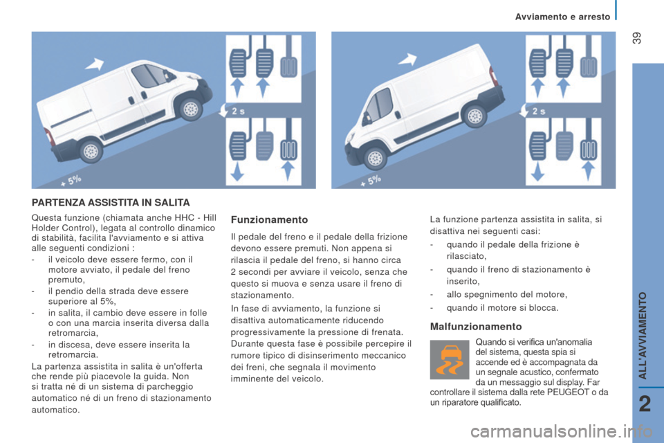 Peugeot Boxer 2015.5  Manuale del proprietario (in Italian)  39
boxer_it_Chap02_Pret-a-Partir_ed01-2015
PArtenz A ASSIS t I tA  I n  SALI tA
Questa funzione (chiamata anche HHC - Hill 
Holder Control), legata al controllo dinamico 
di stabilità, facilita lav