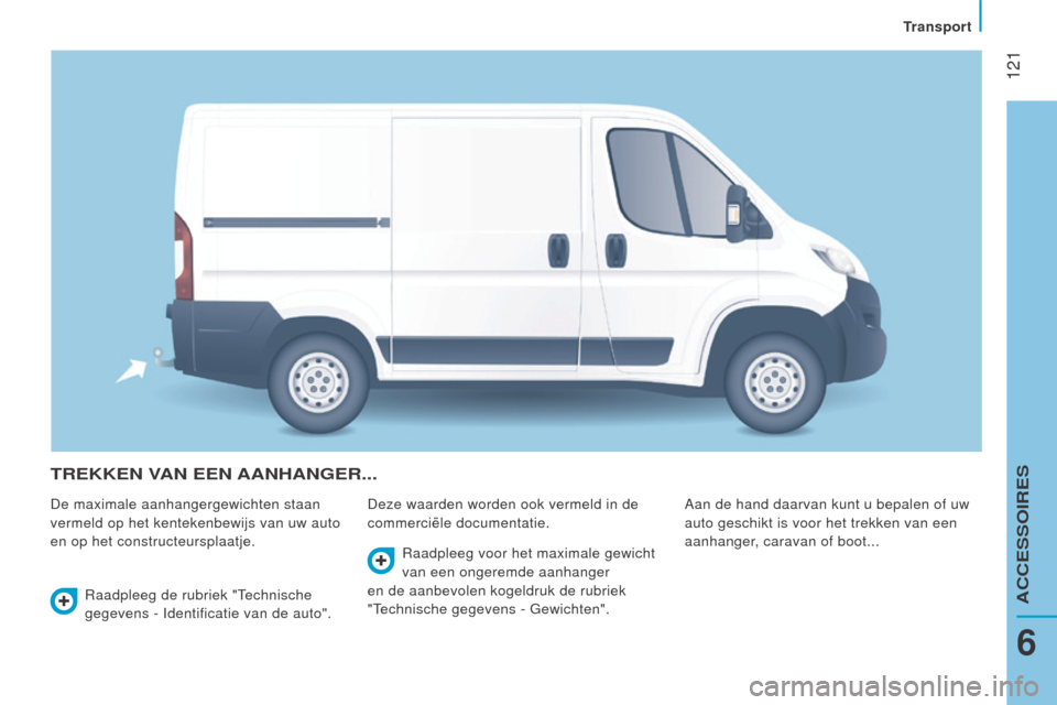 Peugeot Boxer 2015.5 Handleiding (in Dutch) 121
boxer_nl_Chap06_Accessoires_ed01-2015
TRekken VAn een AAn HA nge R ...
De maximale aanhangergewichten staan
vermeld op het kentekenbewijs van uw auto
en op het constructeursplaatje. Deze waarde Peugeot Boxer 2015.5 Handleiding (in Dutch) 121
boxer_nl_Chap06_Accessoires_ed01-2015
TRekken VAn een AAn HA nge R ...
De maximale aanhangergewichten staan
vermeld op het kentekenbewijs van uw auto
en op het constructeursplaatje. Deze waarde