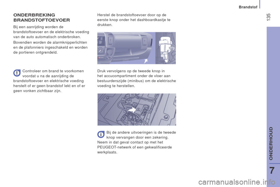 Peugeot Boxer 2015.5 Handleiding (in Dutch) 135
boxer_nl_Chap07_Verifications_ed01-2015
OndeRBRekIng
BRA
nd STOFTO e VO e R
Controleer om brand te voorkomen
voordat u na de aanrijding de
brandstoftoevoer en elektrische voeding
herstelt of Peugeot Boxer 2015.5 Handleiding (in Dutch) 135
boxer_nl_Chap07_Verifications_ed01-2015
OndeRBRekIng
BRA
nd STOFTO e VO e R
Controleer om brand te voorkomen
voordat u na de aanrijding de
brandstoftoevoer en elektrische voeding
herstelt of