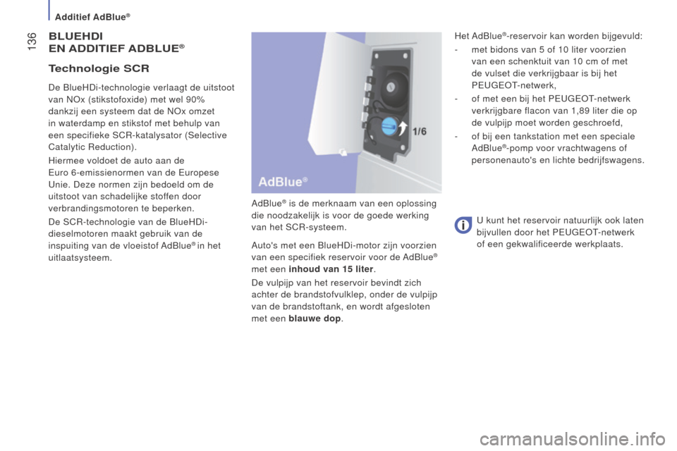 Peugeot Boxer 2015.5 Handleiding (in Dutch) 136
boxer_nl_Chap07_Verifications_ed01-2015
BlUeHdI
en
A dd ITI e F AdBl U e®
AdBlue® is de merknaam van een oplossing
die noodzakelijk is voor de goede werking
van het SCR-systeem.
Autos met Peugeot Boxer 2015.5 Handleiding (in Dutch) 136
boxer_nl_Chap07_Verifications_ed01-2015
BlUeHdI
en
A dd ITI e F AdBl U e®
AdBlue® is de merknaam van een oplossing
die noodzakelijk is voor de goede werking
van het SCR-systeem.
Autos met