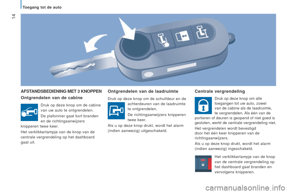 Peugeot Boxer 2015.5  Handleiding (in Dutch)  14
boxer_nl_Chap02_Pret-a-Partir_ed01-2015
AFSTAndSBedIenIng MeT 3 knOPPen
Ontgrendelen van de cabine
Druk op deze knop om de cabine 
van uw auto te ontgrendelen.
De plafonnier gaat kort branden 
en 