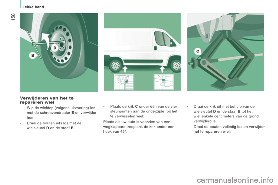 Peugeot Boxer 2015.5 Handleiding (in Dutch) 158
boxer_nl_Chap08_Aide-Rapide_ed01-2015
- Draai de krik uit met behulp van de
wielsleutel
d en de staaf
B tot het
wiel enkele centimeters van de grond
verwijderd is.
-
Draai de bouten volle Peugeot Boxer 2015.5 Handleiding (in Dutch) 158
boxer_nl_Chap08_Aide-Rapide_ed01-2015
- Draai de krik uit met behulp van de
wielsleutel
d en de staaf
B tot het
wiel enkele centimeters van de grond
verwijderd is.
-
Draai de bouten volle