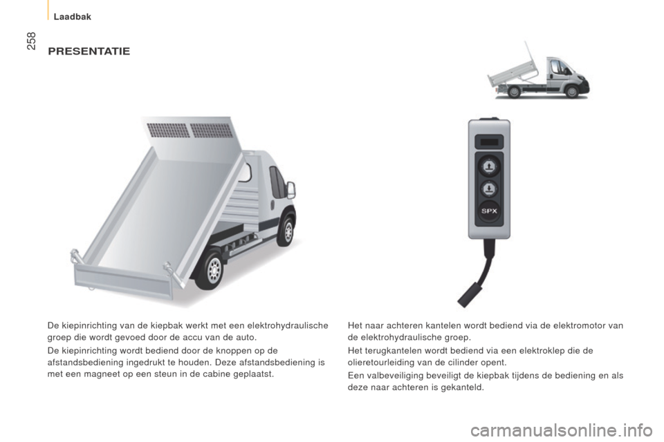 Peugeot Boxer 2015.5  Handleiding (in Dutch)  258
boxer_nl_Chap11_Particularites_ed01-2015
PReSenTATIe
De kiepinrichting van de kiepbak werkt met een elektrohydraulische 
groep die wordt gevoed door de accu van de auto.
De kiepinrichting wordt b