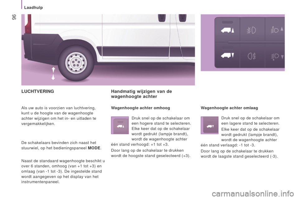 Peugeot Boxer 2015.5 Handleiding (in Dutch) 96
boxer_nl_Chap04_Technologie-a-bord_ed01-2015
lUCHTVeRIng
Als uw auto is voorzien van luchtvering,
kunt u de hoogte van de wagenhoogte
achter wijzigen om het in- en uitladen te
vergemakkelijken. Peugeot Boxer 2015.5 Handleiding (in Dutch) 96
boxer_nl_Chap04_Technologie-a-bord_ed01-2015
lUCHTVeRIng
Als uw auto is voorzien van luchtvering,
kunt u de hoogte van de wagenhoogte
achter wijzigen om het in- en uitladen te
vergemakkelijken.