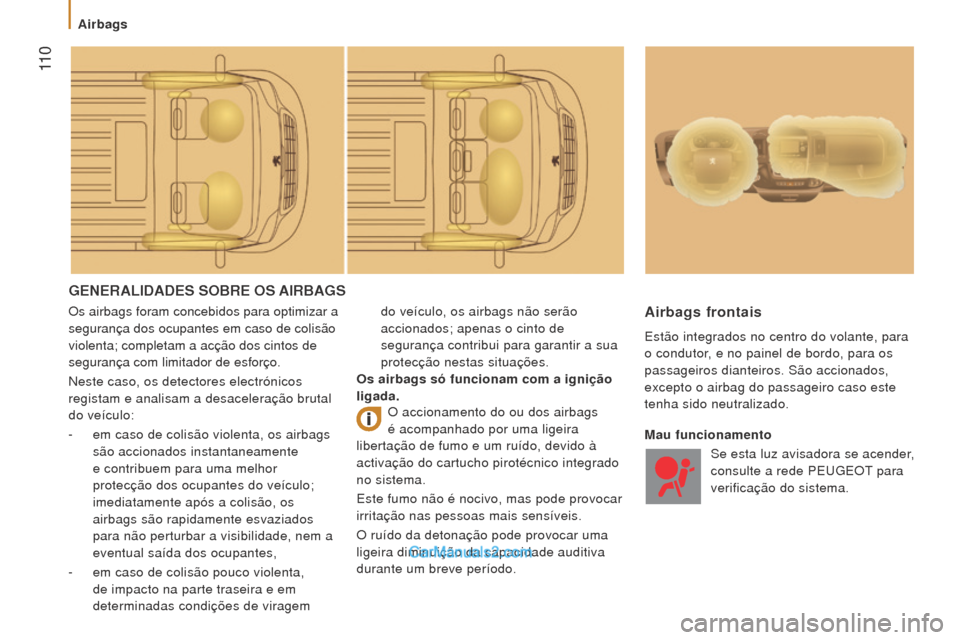 Peugeot Boxer 2015.5 Manual do proprietário (in Portuguese) 11 0
boxer_pt_Chap05_Securite_ed01-2015
GeNerAlIDADeS Sobre oS AIrb AGS
Os airbags foram concebidos para optimizar a
segurança dos ocupantes em caso de colisão
violenta; completam a acção dos c Peugeot Boxer 2015.5 Manual do proprietário (in Portuguese) 11 0
boxer_pt_Chap05_Securite_ed01-2015
GeNerAlIDADeS Sobre oS AIrb AGS
Os airbags foram concebidos para optimizar a
segurança dos ocupantes em caso de colisão
violenta; completam a acção dos c