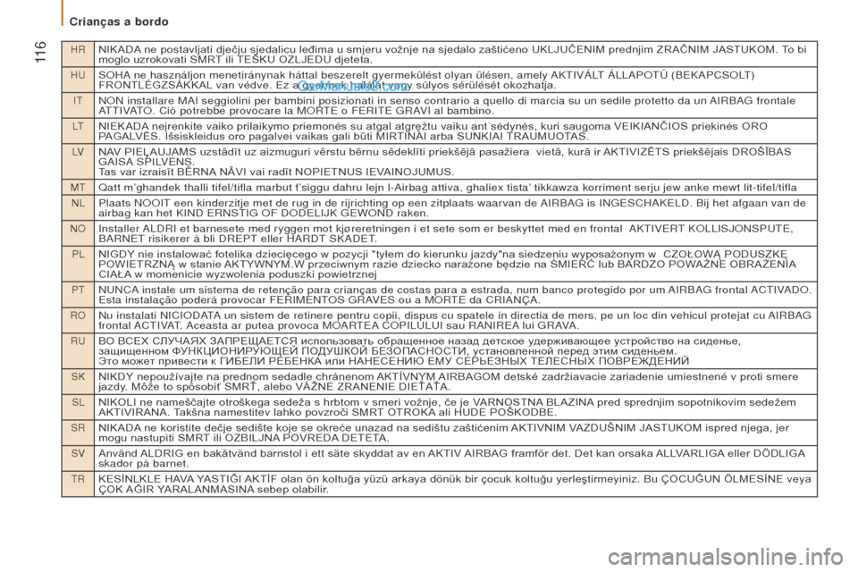 Peugeot Boxer 2015.5 Manual do proprietário (in Portuguese) HRNIKADA ne postavljati dječju sjedalicu leđima u smjeru vožnje na sjedalo zaštićeno UKLJUČENIM prednjim ZRAČNIM JASTUKOM. To bi
moglo uzrokovati SMRT ili TEŠKU OZLJEDU djeteta.
HUSOHA ne has Peugeot Boxer 2015.5 Manual do proprietário (in Portuguese) HRNIKADA ne postavljati dječju sjedalicu leđima u smjeru vožnje na sjedalo zaštićeno UKLJUČENIM prednjim ZRAČNIM JASTUKOM. To bi
moglo uzrokovati SMRT ili TEŠKU OZLJEDU djeteta.
HUSOHA ne has