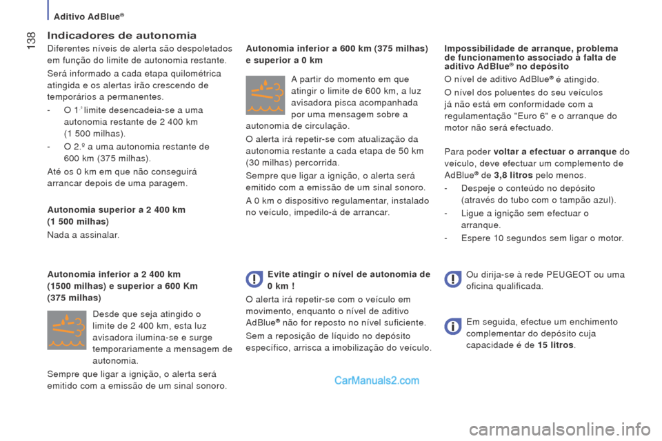 Peugeot Boxer 2015.5 Manual do proprietário (in Portuguese) 138
boxer_pt_Chap07_Verifications_ed01-2015
Indicadores de autonomia
Diferentes níveis de alerta são despoletados
em função do limite de autonomia restante.
Será informado a cada etapa quilomé Peugeot Boxer 2015.5 Manual do proprietário (in Portuguese) 138
boxer_pt_Chap07_Verifications_ed01-2015
Indicadores de autonomia
Diferentes níveis de alerta são despoletados
em função do limite de autonomia restante.
Será informado a cada etapa quilomé
