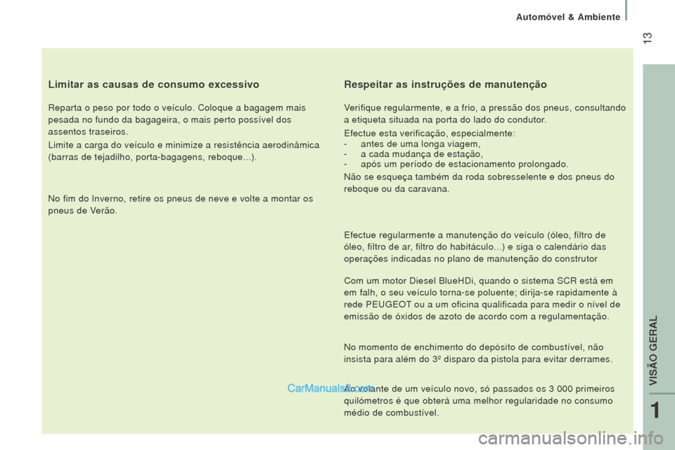 Peugeot Boxer 2015.5 Manual do proprietário (in Portuguese) 13
boxer_pt_Chap01_Vue-ensemble_ed01-2015
limitar as causas de consumo excessivo
Reparta o peso por todo o veículo. Coloque a bagagem mais
pesada no fundo da bagageira, o mais perto possível dos
Peugeot Boxer 2015.5 Manual do proprietário (in Portuguese) 13
boxer_pt_Chap01_Vue-ensemble_ed01-2015
limitar as causas de consumo excessivo
Reparta o peso por todo o veículo. Coloque a bagagem mais
pesada no fundo da bagageira, o mais perto possível dos