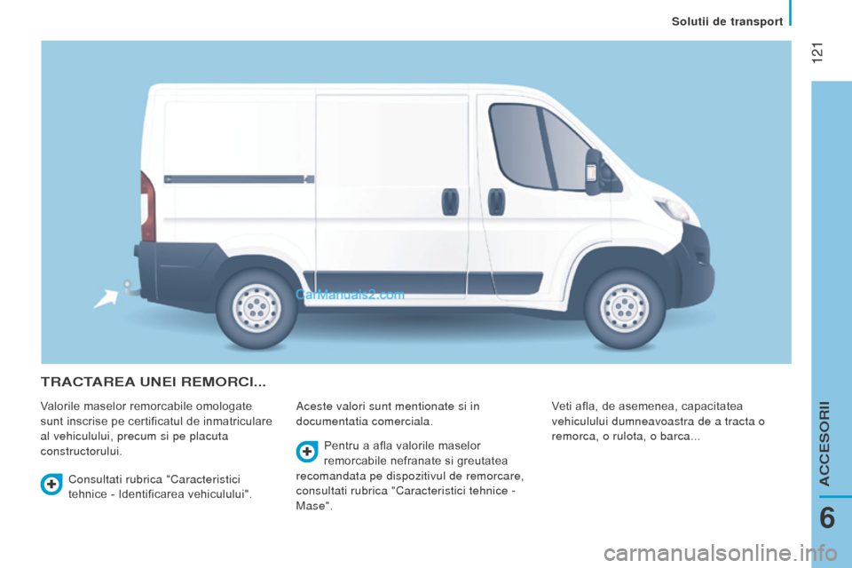 Peugeot Boxer 2015.5 Manualul de utilizare (in Romanian) 121
boxer_ro_Chap06_Accessoires_ed01-2015
trActAre A une I re M orc I ...
Valorile maselor remorcabile omologate
sunt inscrise pe certificatul de inmatriculare
al vehiculului, precum si pe placuta Peugeot Boxer 2015.5 Manualul de utilizare (in Romanian) 121
boxer_ro_Chap06_Accessoires_ed01-2015
trActAre A une I re M orc I ...
Valorile maselor remorcabile omologate
sunt inscrise pe certificatul de inmatriculare
al vehiculului, precum si pe placuta
