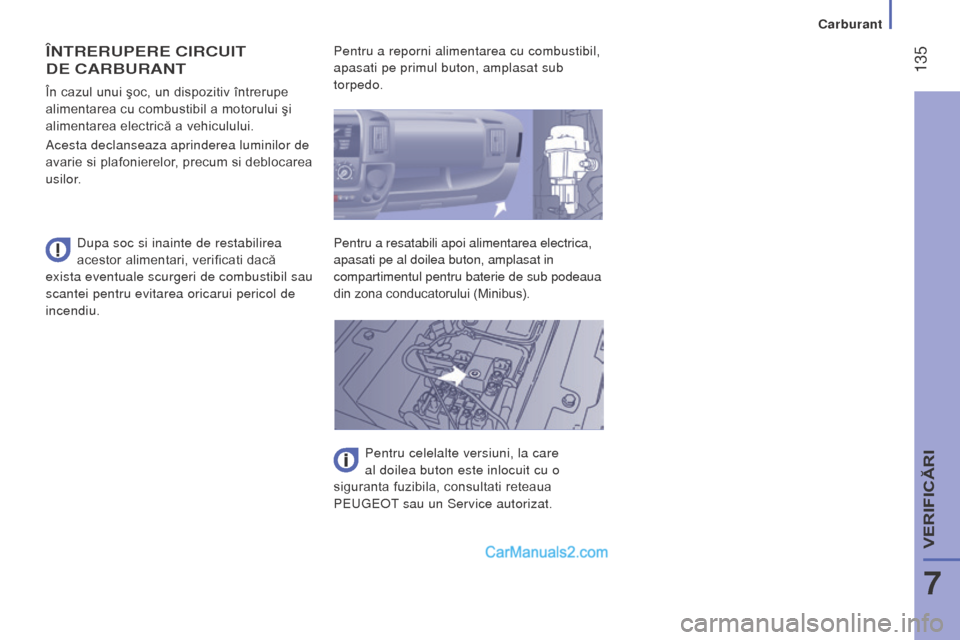 Peugeot Boxer 2015.5  Manualul de utilizare (in Romanian)  135
boxer_ro_Chap07_Verifications_ed01-2015
ÎntreruPere cIrcuIt 
de   c A r B ur A nt
Dupa soc si inainte de restabilirea 
acestor alimentari, verificati dacă 
exista eventuale scurgeri de combusti