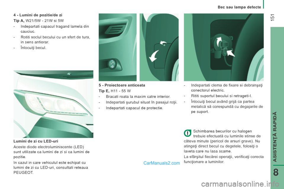 Peugeot Boxer 2015.5 Manualul de utilizare (in Romanian) 151
boxer_ro_Chap08_Aide-Rapide_ed01-2015
Schimbarea becurilor cu halogen
trebuie efectuată cu luminile stinse de
câteva minute (pericol de arsuri grave). Nu
atingeţi direct becul cu degetele, Peugeot Boxer 2015.5 Manualul de utilizare (in Romanian) 151
boxer_ro_Chap08_Aide-Rapide_ed01-2015
Schimbarea becurilor cu halogen
trebuie efectuată cu luminile stinse de
câteva minute (pericol de arsuri grave). Nu
atingeţi direct becul cu degetele,