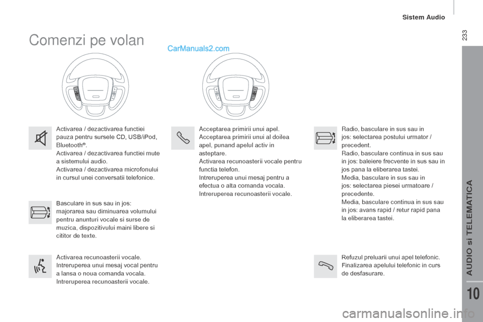 Peugeot Boxer 2015.5 Manualul de utilizare (in Romanian) 233
boxer_ro_Chap10b_Autoradio_Fiat-4_ed01-2015
Comenzi pe volan
Activarea / dezactivarea functiei
pauza pentru sursele CD, USB/iPod,
Bluetooth
®.
Activarea / dezactivarea functiei mute
a sistemu Peugeot Boxer 2015.5 Manualul de utilizare (in Romanian) 233
boxer_ro_Chap10b_Autoradio_Fiat-4_ed01-2015
Comenzi pe volan
Activarea / dezactivarea functiei
pauza pentru sursele CD, USB/iPod,
Bluetooth
®.
Activarea / dezactivarea functiei mute
a sistemu