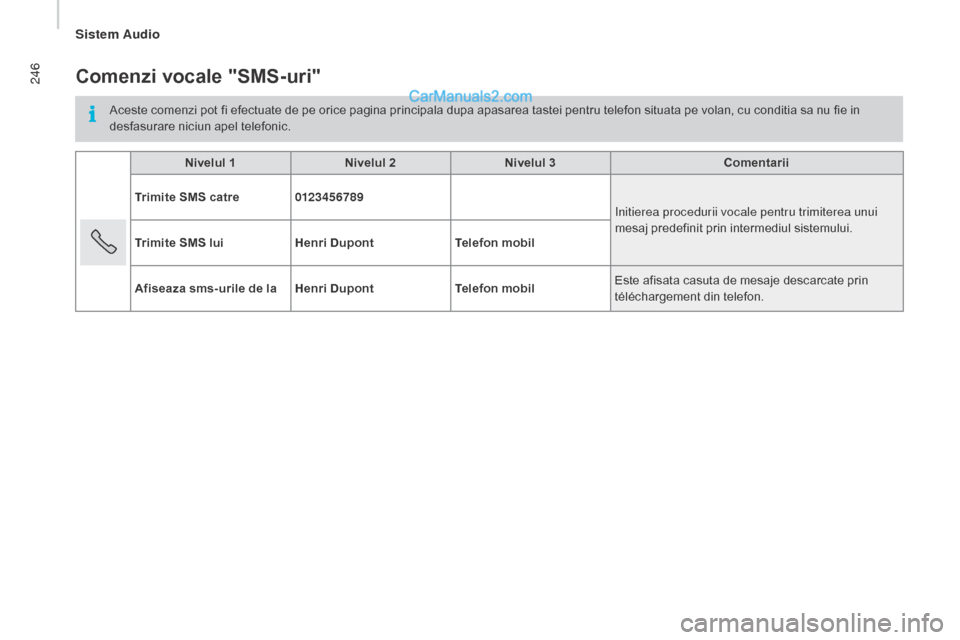 Peugeot Boxer 2015.5 Manualul de utilizare (in Romanian) 246
boxer_ro_Chap10b_Autoradio_Fiat-4_ed01-2015
Comenzi vocale "SMS-uri"
Aceste comenzi pot fi efectuate de pe orice pagina principala dupa apasarea tastei pentru telefon situata pe volan, cu conditia Peugeot Boxer 2015.5 Manualul de utilizare (in Romanian) 246
boxer_ro_Chap10b_Autoradio_Fiat-4_ed01-2015
Comenzi vocale "SMS-uri"
Aceste comenzi pot fi efectuate de pe orice pagina principala dupa apasarea tastei pentru telefon situata pe volan, cu conditia