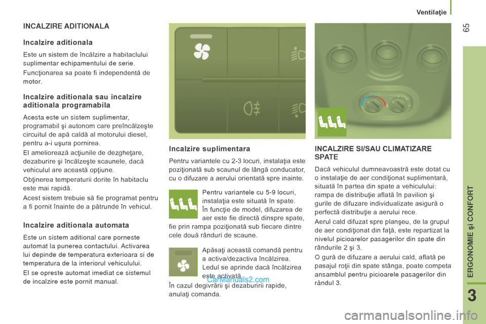 Peugeot Boxer 2015.5 Manualul de utilizare (in Romanian) 65
boxer_ro_Chap03_Ergo-et-confort_ed01-2015
IncALzIre AdItIonALA
Incalzire
suplimentara
Pentru variantele cu 2-3 locuri, instalaţia este
poziţionată sub scaunul de lângă conducator,
cu o dif Peugeot Boxer 2015.5 Manualul de utilizare (in Romanian) 65
boxer_ro_Chap03_Ergo-et-confort_ed01-2015
IncALzIre AdItIonALA
Incalzire
suplimentara
Pentru variantele cu 2-3 locuri, instalaţia este
poziţionată sub scaunul de lângă conducator,
cu o dif