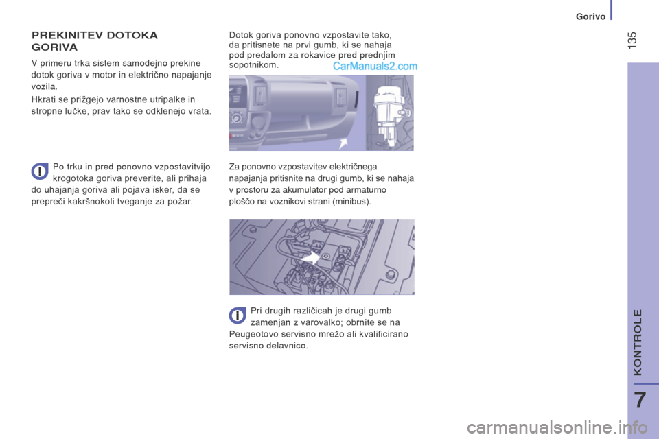 Peugeot Boxer 2015.5 Priročnik za lastnika (in Slovenian) 135
boxer_sl_Chap07_Verifications_ed01-2015
preKinitev dotoKa
G
oriva
Po trku in pred ponovno vzpostavitvijo
krogotoka goriva preverite, ali prihaja
do uhajanja goriva ali pojava isker, da se
pr Peugeot Boxer 2015.5 Priročnik za lastnika (in Slovenian) 135
boxer_sl_Chap07_Verifications_ed01-2015
preKinitev dotoKa
G
oriva
Po trku in pred ponovno vzpostavitvijo
krogotoka goriva preverite, ali prihaja
do uhajanja goriva ali pojava isker, da se
pr