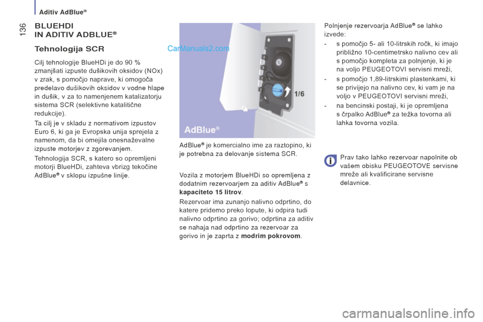 Peugeot Boxer 2015.5 Priročnik za lastnika (in Slovenian) 136
boxer_sl_Chap07_Verifications_ed01-2015
BLUeHdi
in aditiv a dB LU e®
AdBlue® je komercialno ime za raztopino, ki
je potrebna za delovanje sistema SCR.
Vozila z motorjem BlueHDi so opremljena Peugeot Boxer 2015.5 Priročnik za lastnika (in Slovenian) 136
boxer_sl_Chap07_Verifications_ed01-2015
BLUeHdi
in aditiv a dB LU e®
AdBlue® je komercialno ime za raztopino, ki
je potrebna za delovanje sistema SCR.
Vozila z motorjem BlueHDi so opremljena