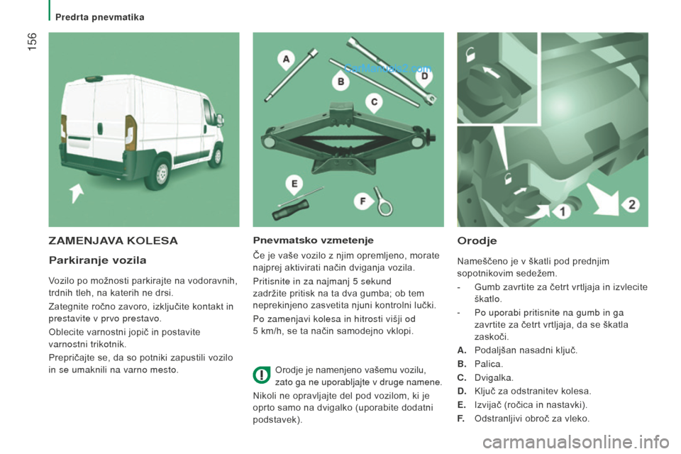 Peugeot Boxer 2015.5 Priročnik za lastnika (in Slovenian) 156
boxer_sl_Chap08_Aide-Rapide_ed01-2015
parkiranje vozila
Vozilo po možnosti parkirajte na vodoravnih,
trdnih tleh, na katerih ne drsi.
Zategnite ročno zavoro, izključite kontakt in
prestavite Peugeot Boxer 2015.5 Priročnik za lastnika (in Slovenian) 156
boxer_sl_Chap08_Aide-Rapide_ed01-2015
parkiranje vozila
Vozilo po možnosti parkirajte na vodoravnih,
trdnih tleh, na katerih ne drsi.
Zategnite ročno zavoro, izključite kontakt in
prestavite