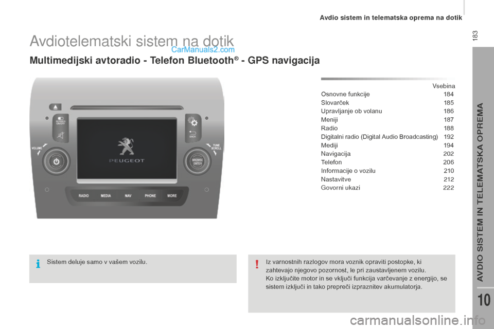 Peugeot Boxer 2015.5 Priročnik za lastnika (in Slovenian) 183
boxer_sl_Chap10a_Autoradio_Fiat-tactile-1_ed01-2015
Avdiotelematski sistem na dotik
Multimedijski avtoradio - telefon Bluetooth® - Gps navigacija
Vsebina
Osnovne funkcije
1 84
Slovarček
1
8 Peugeot Boxer 2015.5 Priročnik za lastnika (in Slovenian) 183
boxer_sl_Chap10a_Autoradio_Fiat-tactile-1_ed01-2015
Avdiotelematski sistem na dotik
Multimedijski avtoradio - telefon Bluetooth® - Gps navigacija
Vsebina
Osnovne funkcije
1 84
Slovarček
1
8