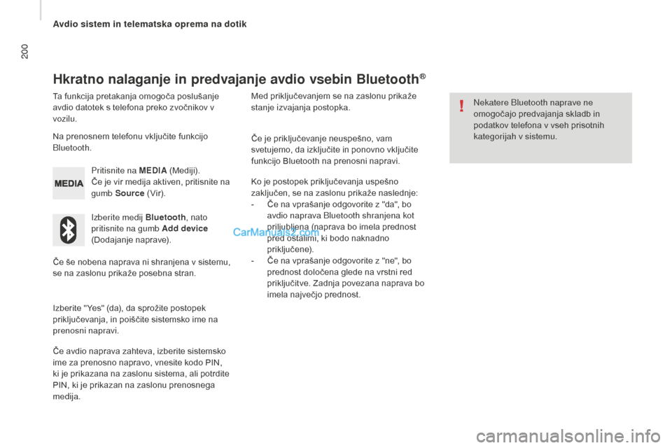 Peugeot Boxer 2015.5 Priročnik za lastnika (in Slovenian) 200
boxer_sl_Chap10a_Autoradio_Fiat-tactile-1_ed01-2015
Hkratno nalaganje in predvajanje avdio vsebin Bluetooth®
Ta funkcija pretakanja omogoča poslušanje
avdio datotek s telefona preko zvočnikov Peugeot Boxer 2015.5 Priročnik za lastnika (in Slovenian) 200
boxer_sl_Chap10a_Autoradio_Fiat-tactile-1_ed01-2015
Hkratno nalaganje in predvajanje avdio vsebin Bluetooth®
Ta funkcija pretakanja omogoča poslušanje
avdio datotek s telefona preko zvočnikov