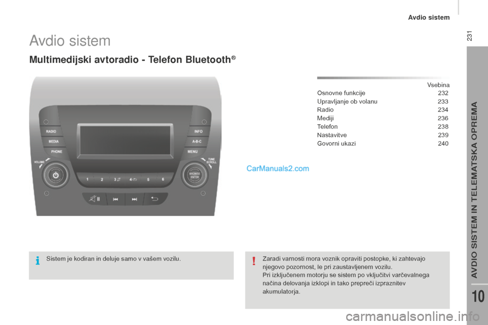Peugeot Boxer 2015.5 Priročnik za lastnika (in Slovenian) 231
boxer_sl_Chap10b_Autoradio_Fiat-4_ed01-2015
Avdio sistem
Multimedijski avtoradio - telefon Bluetooth®
Vsebina
Osnovne funkcije
2 32
Upravljanje ob volanu
2
33
Radio
2
34
Mediji
236
Tel Peugeot Boxer 2015.5 Priročnik za lastnika (in Slovenian) 231
boxer_sl_Chap10b_Autoradio_Fiat-4_ed01-2015
Avdio sistem
Multimedijski avtoradio - telefon Bluetooth®
Vsebina
Osnovne funkcije
2 32
Upravljanje ob volanu
2
33
Radio
2
34
Mediji
236
Tel